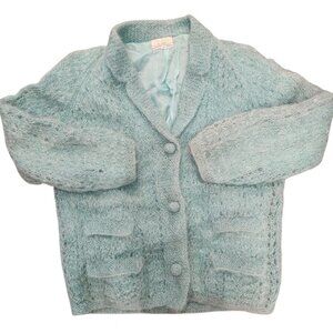 50s Silk/Mohair Cardi Sweater Jacket Blue Fuzzy‎ Open many flaws